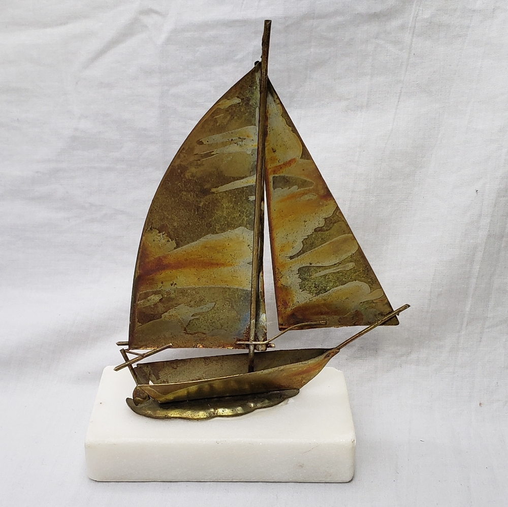 Small Vintage Metal Sailboat Sculpture On Marble Base